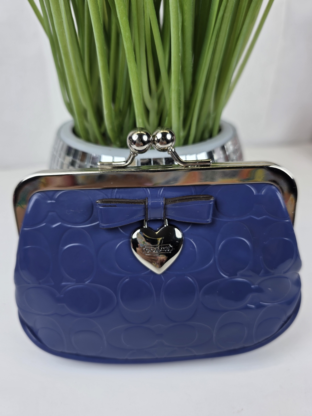 Coach Blue Patent Leather Kiss-Lock Coin Purse with Heart Charm